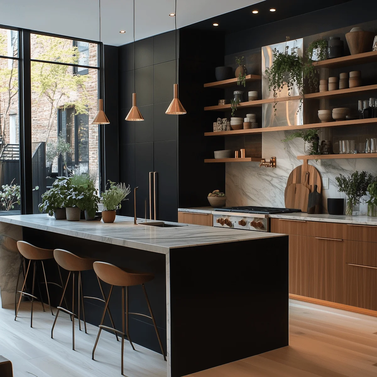 Contemporary kitchen with wood cabinetry, stone counters, and pendant lighting
